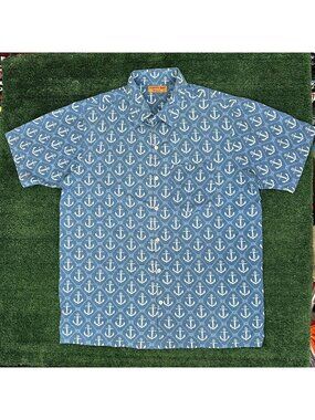 Happy Bay Anchor Print Hawaiian Shirt Preppy Nautical Coastal Sailing Beach M